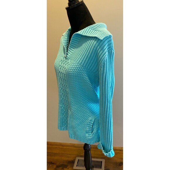 Liz & Co Sweater Size XL Cable & Rib Knit V Neck Collar Pockets Turquoise Blue - Picture 5 of 11